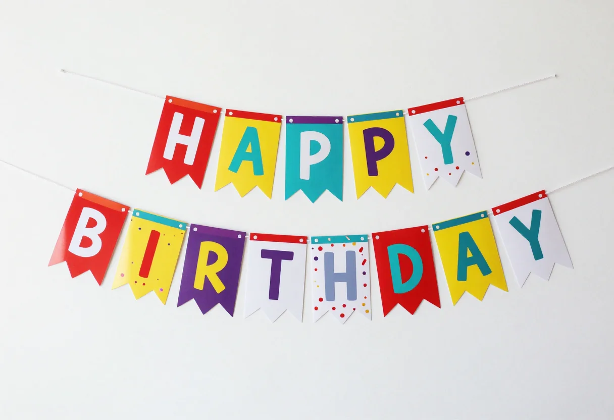 Birthday banners — the words "HAPPY BIRTHDAY" spelled one letter to a triangular pennant, the flags strung in order along a thin ribbon with a punch hole marked at each top corner, a bright party-graphic treatment, bold flat shapes with no outlines, confetti dashes and dots scattered over the card faces