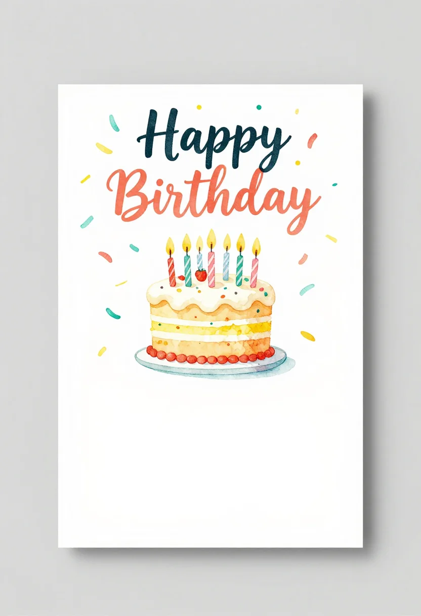 Birthday cards — a vertical card front reading "Happy Birthday" in bold lettering above a layered cake with lit candles and confetti, and open space for a message, a bright watercolor treatment with loose washes and hand lettering