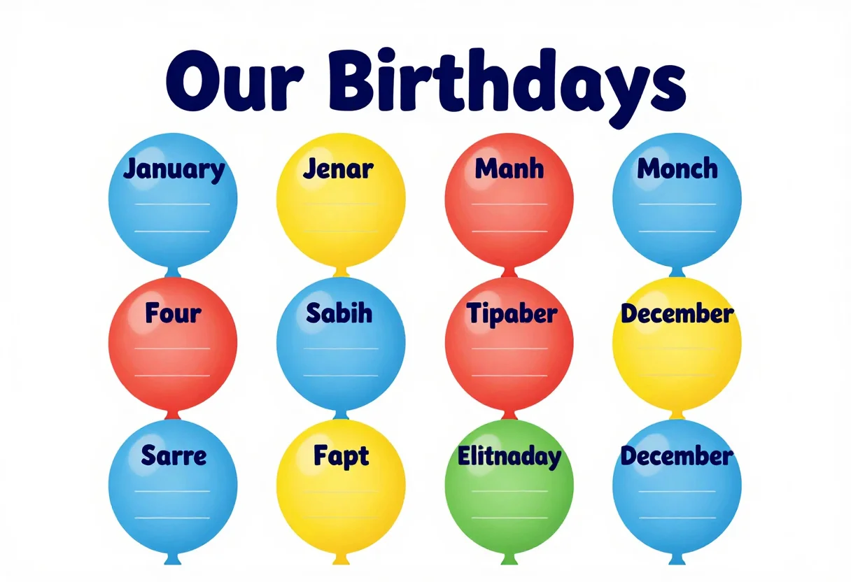 Birthday charts — twelve balloons in a bright row of four by three under the title "Our Birthdays", each balloon lettered with one month from "January" to "December" and holding three blank lines for names and dates, a cheerful flat vector school poster, bold clean shapes, thick rounded sans-serif lettering, a crisp even layout and smooth gradient-free fills