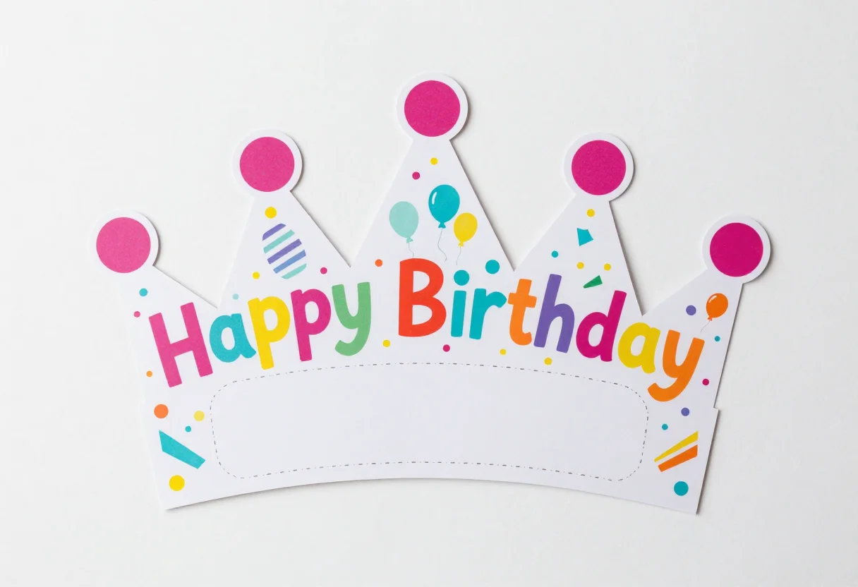 Birthday crowns — a flat pointed paper crown spread across the sheet, five points with circles for jewels, "Happy Birthday" lettered along the band and a blank white name panel in the middle, with a dashed cut line around the outline and two side strips to staple, drawn in cheerful party colours with confetti dots, balloons, stripes and bold rounded lettering