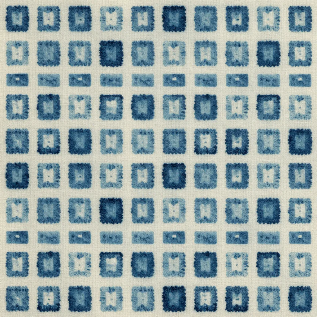 Block prints — Stamped motifs a few millimetres across in ranked rows, each carrying the carved edge's small irregularities, the ink heavier on one side of some stamps, the register drifting slightly across the field., block-print repeat, hand-stamped impressions carrying the carved edge's knife cuts, the ink heavier on one side and starved on another, the register drifting a hair between repeats, natural dye soaking into an open weave