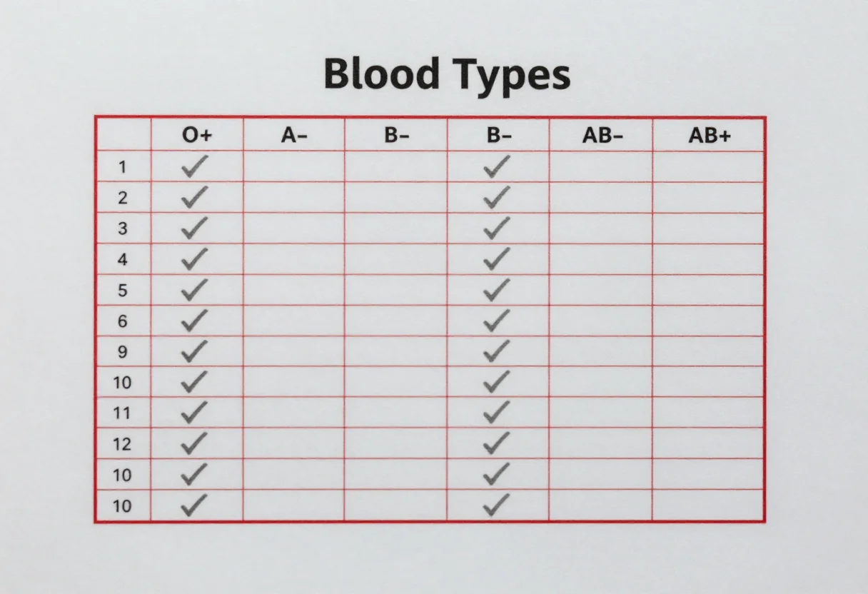 Blood type charts — a compatibility grid with the eight blood types O−, O+, A−, A+, B−, B+, AB− and AB+ along the top as donors and down the side as recipients, a tick in every matching square, O− marked universal donor and AB+ universal recipient, a clean medical reference chart with thin ruled cells and small neat labels