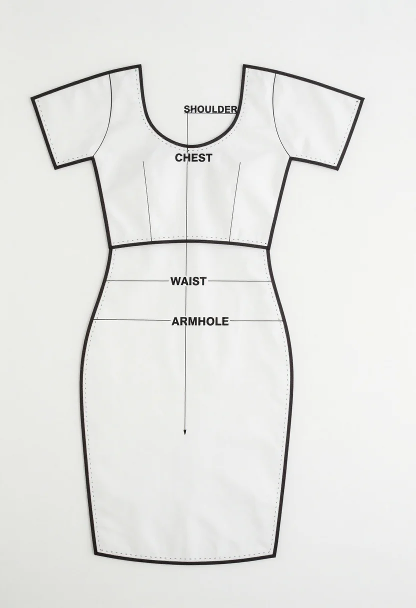 Blouse cutting patterns — a saree blouse cutting diagram with front and back pieces, the bust darts and waist darts drawn as narrow triangles, the lines labelled "SHOULDER", "CHEST", "WAIST" and "ARMHOLE", and a short sleeve beside them, a clean printable pattern in crisp black lines of one even weight, solid cutting lines and dashed seam lines, with small block-capital labels and measurements