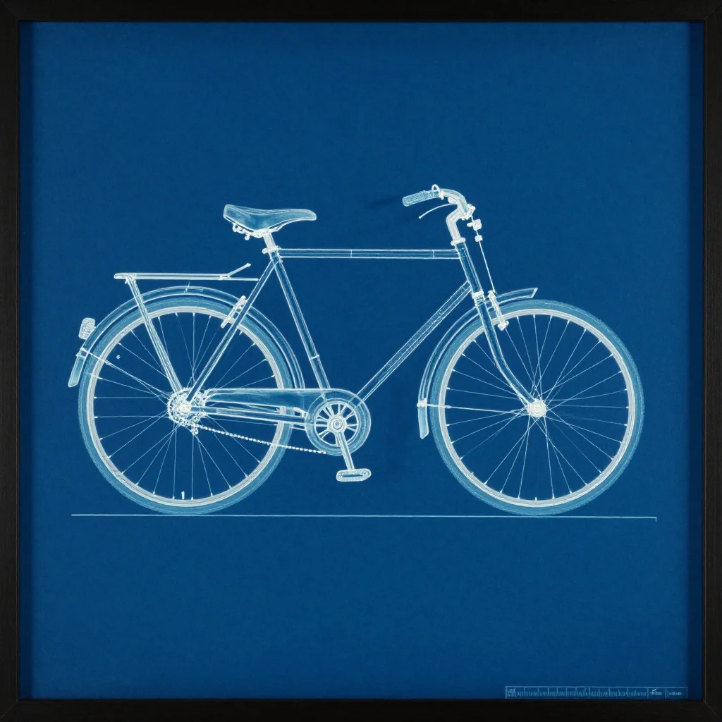 Blueprint — A bicycle drawn as a technical blueprint, every tube a pair of white lines with its diameter called out, the wheels perfect circles with evenly stepped spokes, dimension arrows running to the frame's ends and a small parts legend in one corner., classic cyanotype blueprint, a matte paper surface with no shine, a mottled grain through the blue wash, white lines crisp and slightly bled at the joins, a flat even near-frontal light across the sheet, a dark ground with the drawing as the only light