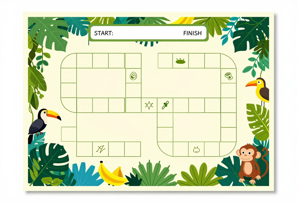 Board game templates — a winding path of empty squares snaking from a "START" flag at one corner to a "FINISH" flag at the other, a few squares marked with a small icon, themed drawings between the loops and a blank title band across the top, drawn as a jungle board with broad leaves, hanging vines, a toucan and a monkey in flat cheerful shapes