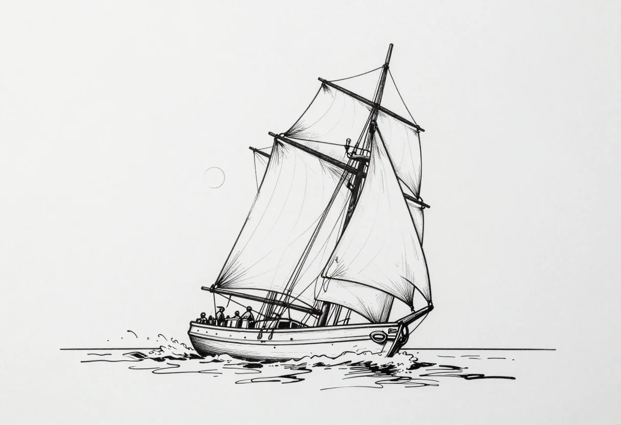 Boats — A sloop heeling under full sail on a choppy sea, the mainsail and jib taut, spray at the bow, a small crew figure at the helm, a low sun, the hull's waterline and keel visible in the trough., nautical line drawing, single-weight black ink, clean contour, white ground