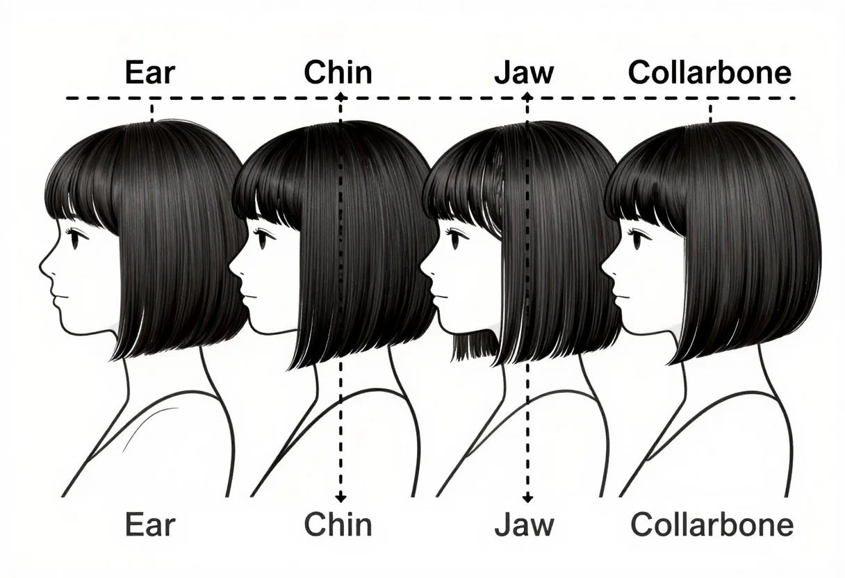 Bob length charts — a row of four side-profile heads with the bob ending at lines labelled "Ear", "Chin", "Jaw" and "Collarbone", a dashed line across all four marking each length, salon chart line art with uniform black outlines and smooth hair strands