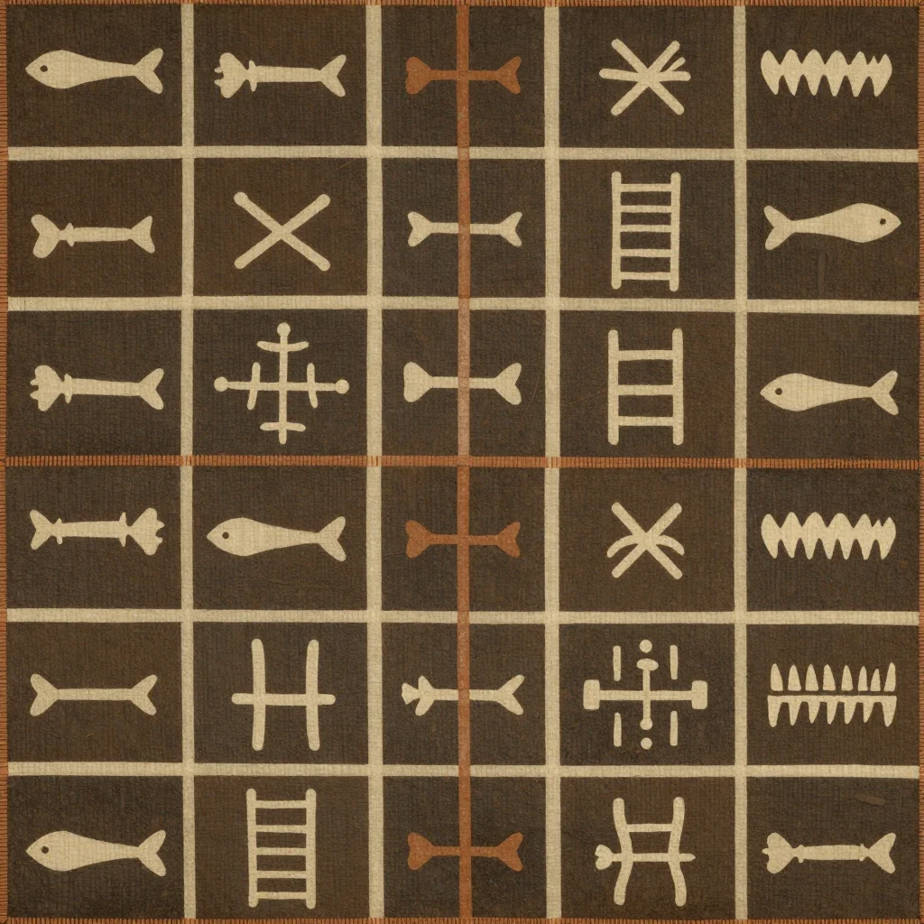 Bogolan — Squares of dark mud-painted ground each holding a different pale sign — a fish bone, a crossroads, a small ladder, a row of teeth — the squares set in a strict grid with the strip seams cutting straight through them., hand-spun cotton strips dyed in a leaf bath then painted with fermented river mud, the ground bleached back after