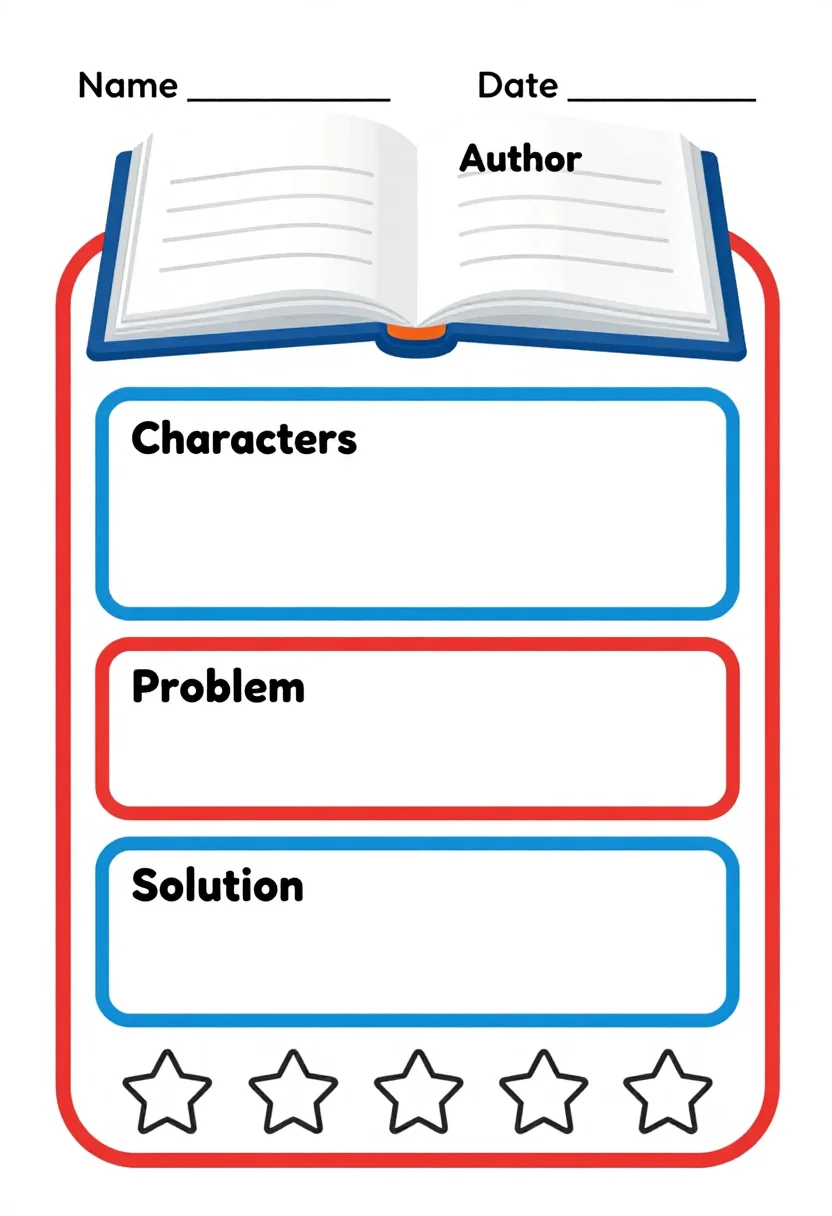 Book reports — A worksheet with a drawn open book at the top holding blank title and author lines, four labelled boxes drawn as page corners for characters, setting, problem and solution, each with blank lines, and a star-rating row of five outline stars at the bottom., bright flat classroom design, bold primary colours, rounded corners, clean vector