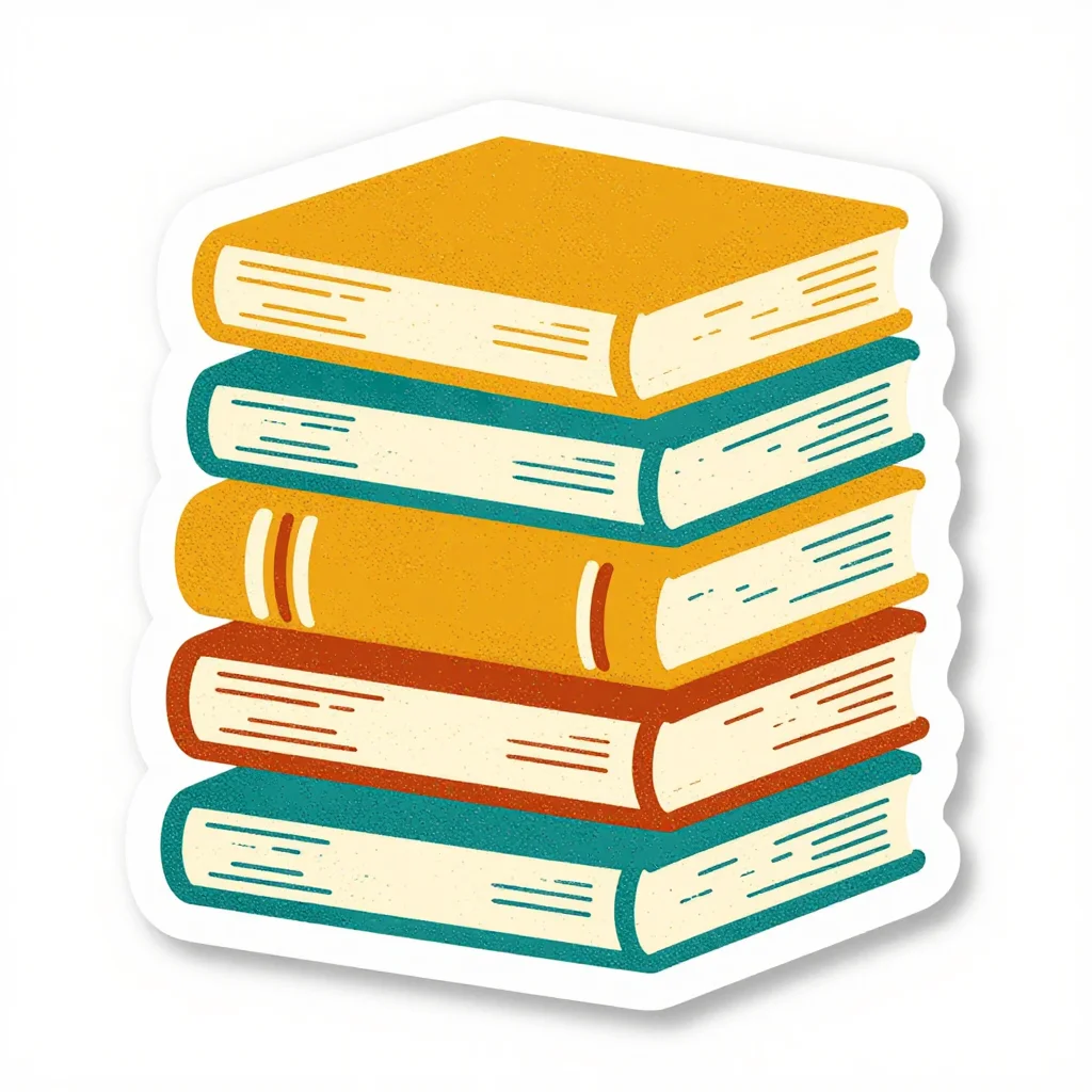Book stickers — a stack of four books of different sizes, retro sticker illustration, 1970s shapes, halftone grain, slight misregistration