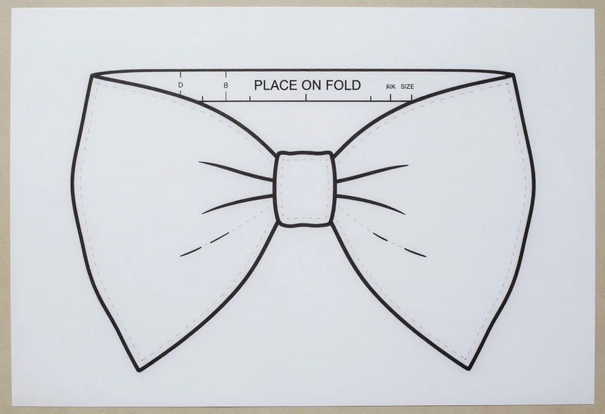 Bow tie patterns — a self-tie bow tie pattern sheet with one long strip widening into a butterfly shape at each end, "PLACE ON FOLD" marked along its centre and the neck size range written along the band, a clean printable pattern in crisp black lines of one even weight, solid cutting lines and dashed seam lines, with small block-capital labels and measurements