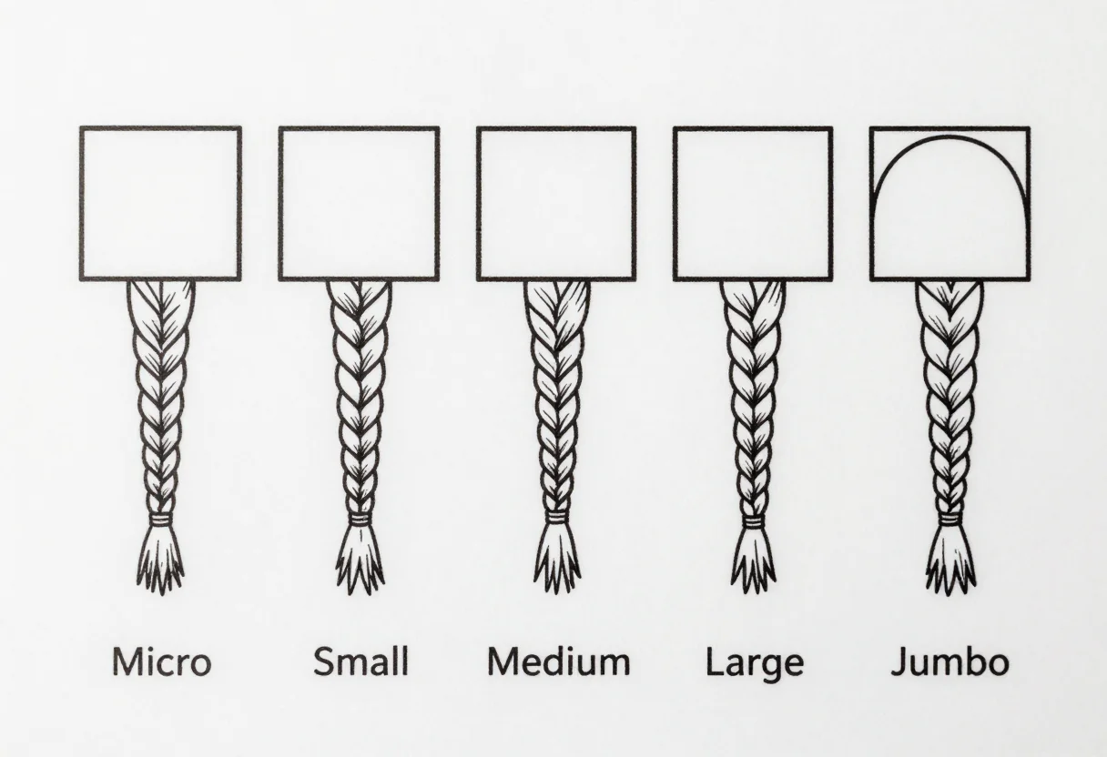 Box braid size charts — a row of five scalp squares with a braid hanging from each, labelled "Micro", "Small", "Medium", "Large" and "Jumbo", the squares growing from left to right, technical line art with uniform thin black outlines, the braids drawn as simple outlined ropes