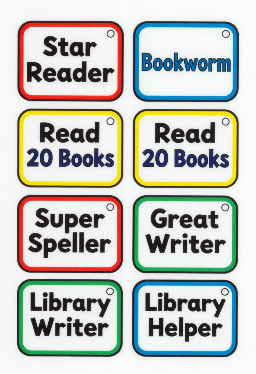 Brag tags — a 2 by 3 grid of round-cornered tags with a hole circle at the top of each, lettered "Star Reader", "Bookworm", "Read 20 Books", "Super Speller", "Great Writer" and "Library Helper", each with a small book or pencil motif, drawn in bold flat colour with thick dark outlines, a bright border on every tag and chunky headline lettering