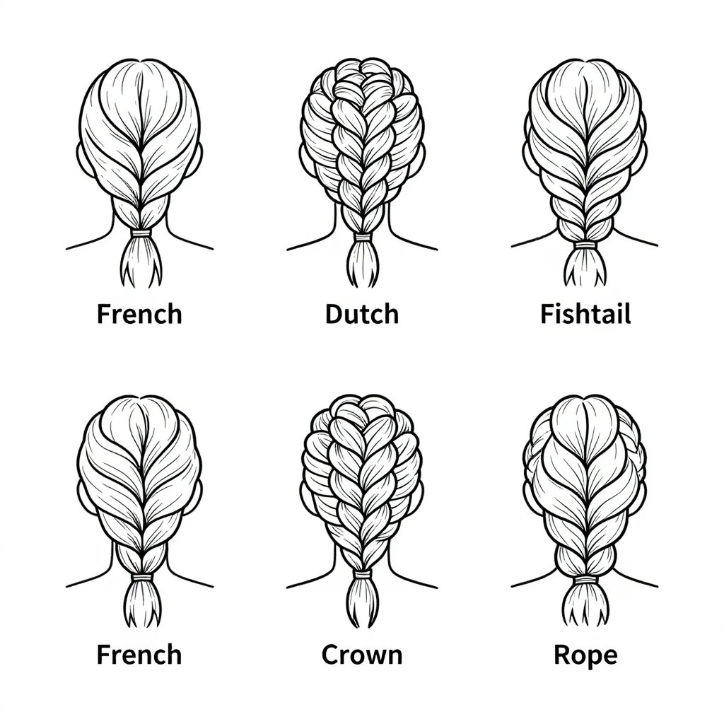 Braid style charts — a grid of six back-of-head drawings labelled "French", "Dutch", "Fishtail", "Waterfall", "Crown" and "Rope", the weave of each drawn clearly, uniform thin black line art with each braid drawn as interlocking outlined sections