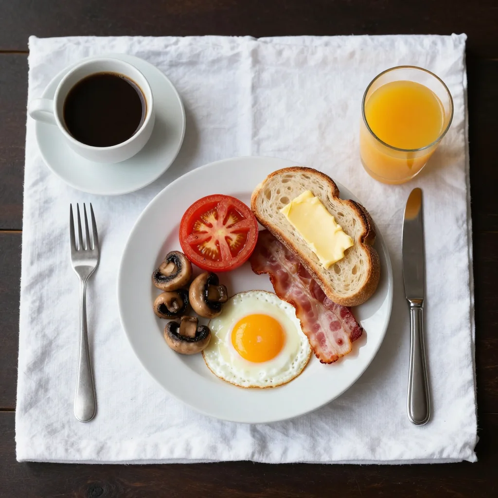 Breakfast flat lays — A breakfast plate of fried eggs with soft yolks, grilled tomato, sautéed mushrooms, two rashers of bacon and buttered sourdough, a pot of coffee and a glass of orange juice set around it, cutlery on a folded napkin., broad soft even morning daylight from directly above, light and open with only a short soft shadow, on a washed white linen cloth