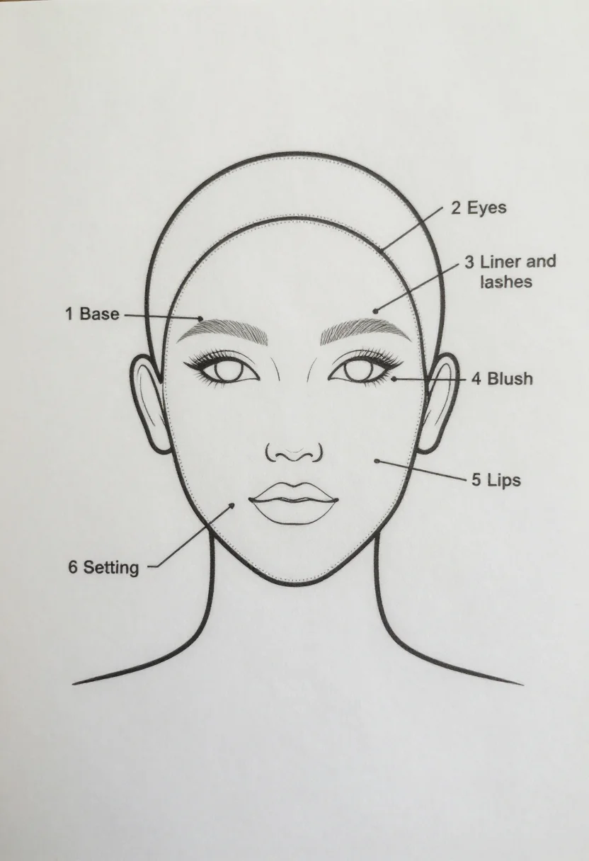 Bridal makeup charts — a front-facing face outline with numbered callouts "1 Base", "2 Eyes", "3 Liner and lashes", "4 Blush", "5 Lips" and "6 Setting" pointing to each part of the face, technical line art with uniform thin black outlines, the makeup areas bordered in dotted line and the callouts as thin leader lines