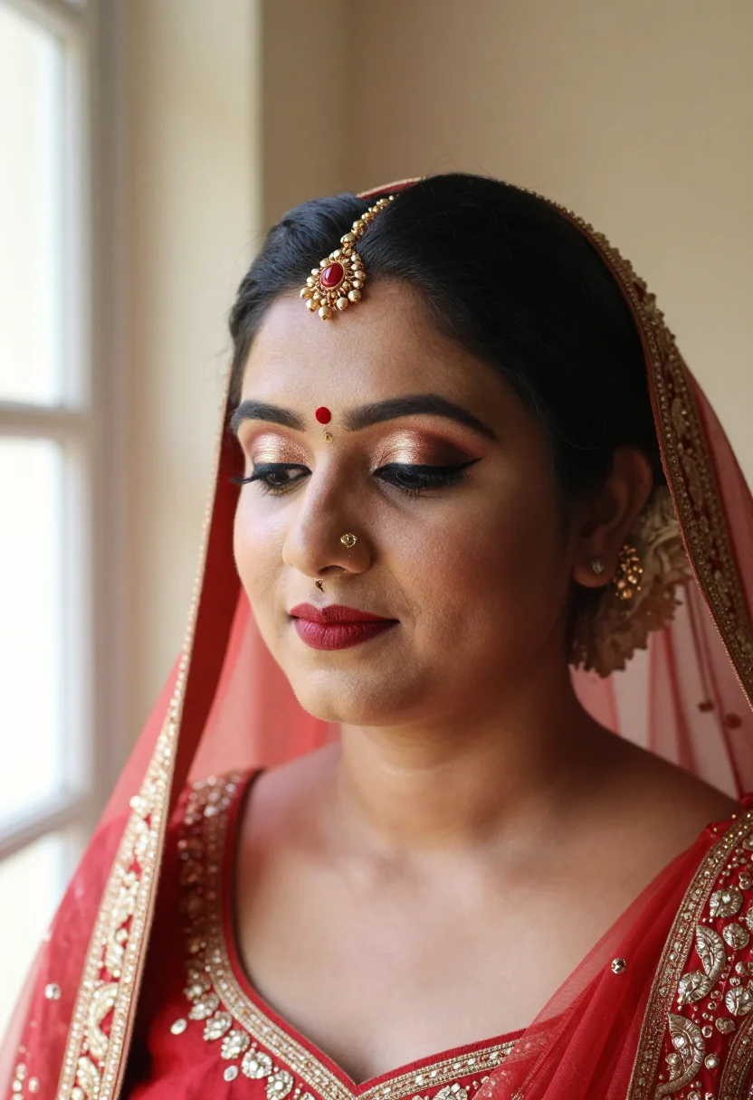 Bridal makeup looks — a North Indian bride with gold and copper eyeshadow, black winged liner, a deep red lip and a small red bindi, a maang tikka on the parting and a red dupatta over the hair, a bridal portrait taken by a tall window on the wedding morning
