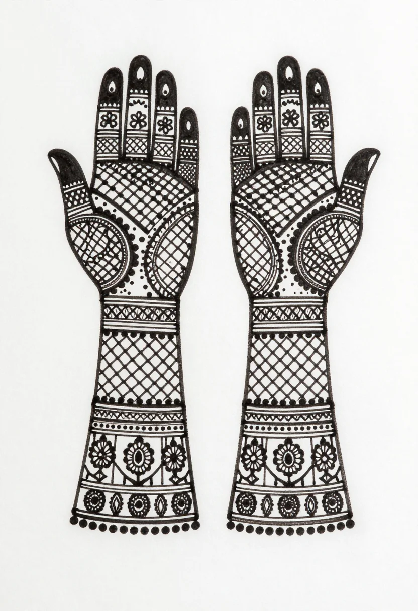 Bridal mehndi — both hands and forearms to the elbow laid side by side palms up, the coverage mirrored, a jaali net over the fingers and a wide cuff at each wrist, traditional full-coverage bridal work, a fine-tipped line closing every remaining gap with checkerboard, netting and dot fills