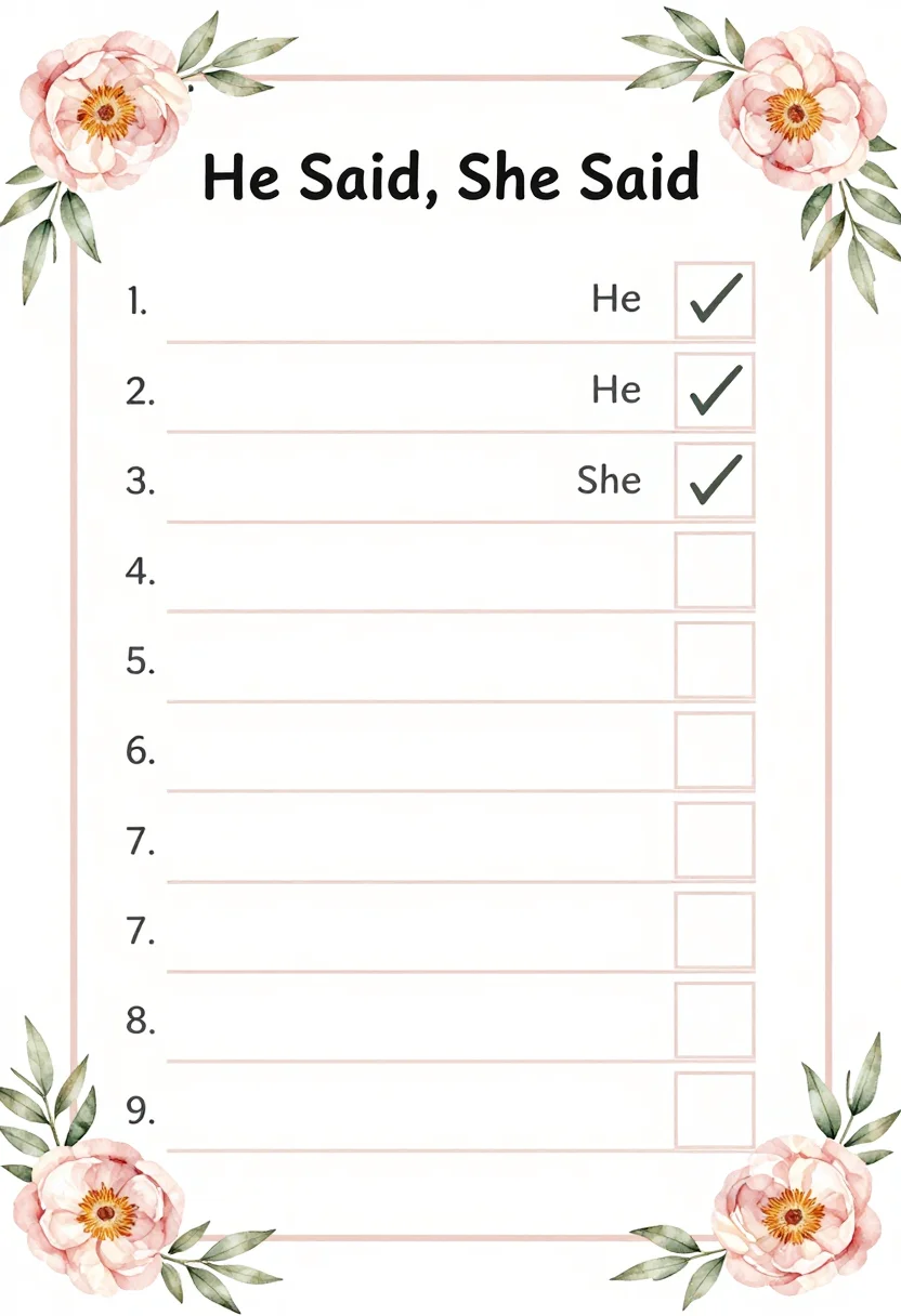 Bridal shower games — a game sheet titled "He Said, She Said" with a numbered list of ten short quotes left as blank lines, each line followed by a "He" box and a "She" box to tick, a soft watercolor treatment with loose blush peonies in the corners and thin rule lines for writing