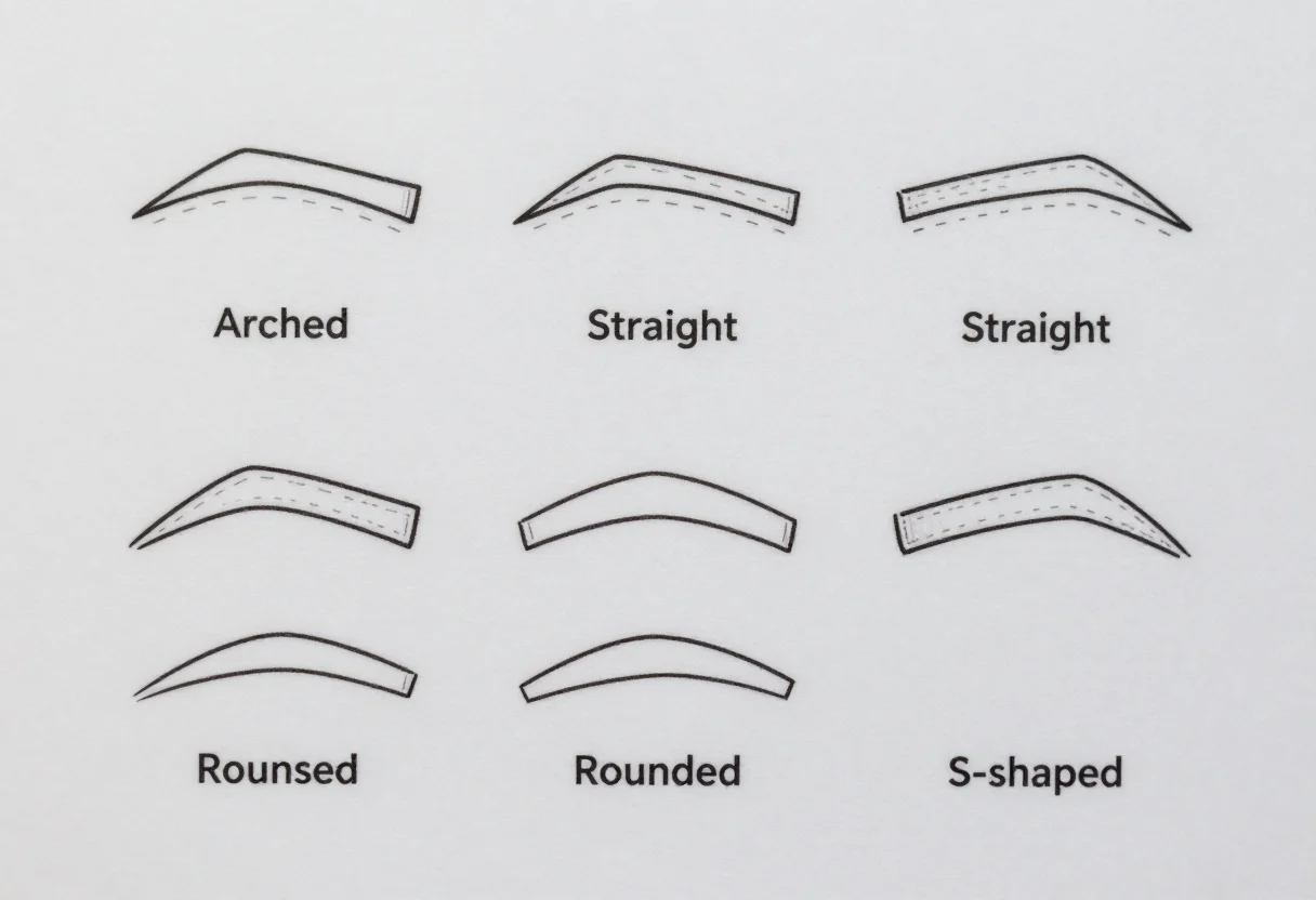 Brow shape stencils — a page of five brow pairs in outline labelled "Arched", "Straight", "Soft angled", "Rounded" and "S-shaped", each with a dashed cut line around it, clean technical line art with uniform thin black outlines and a dashed cut line around each brow