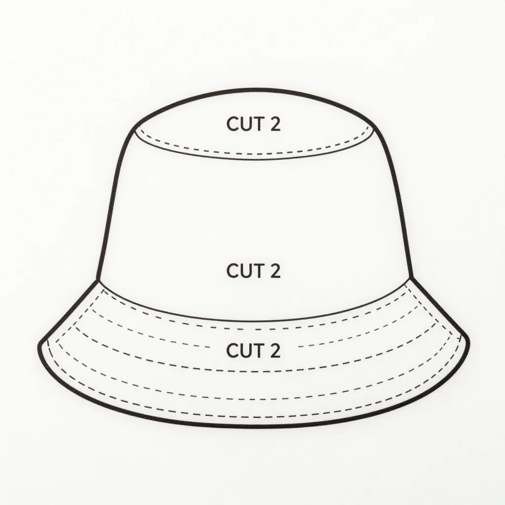 Bucket hat patterns — a reversible bucket hat pattern sheet with an oval crown, a curved side band and a brim ring, each labelled "CUT 2" for outer and lining, and the head circumference written beside the band, a clean printable pattern in crisp black lines of one even weight, solid cutting lines and dashed seam lines, with small block-capital labels and measurements