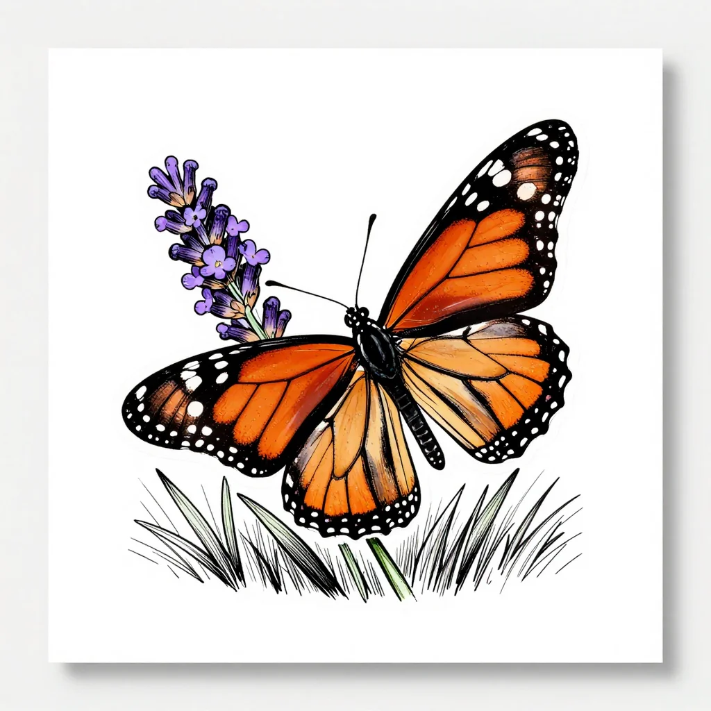Butterflies — A monarch butterfly resting on a stem of lavender, wings half open, the orange panels veined in black and edged with white dots, the flower heads soft purple, a blurred meadow behind., a botanical ink line illustration, fine even strokes, stippled shading in the wing panels