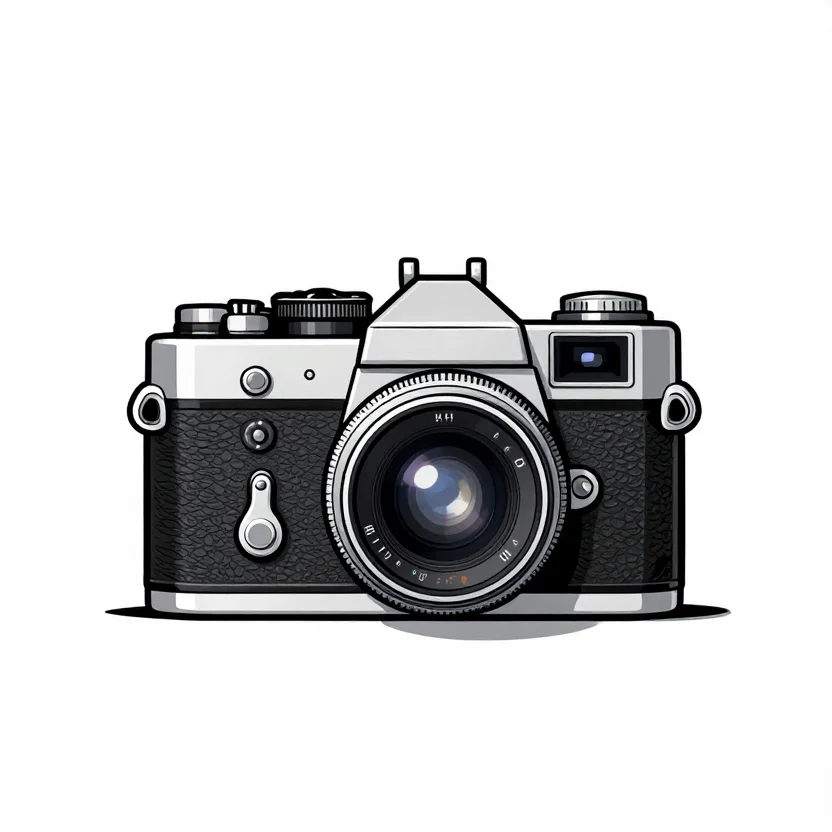 Cameras — A 1950s rangefinder camera seen straight on, chrome top plate, black leatherette body, a small lens with an engraved ring, a viewfinder window, a leather strap, on a plain ground with its shadow., single-weight black line drawing, clean contour, white ground