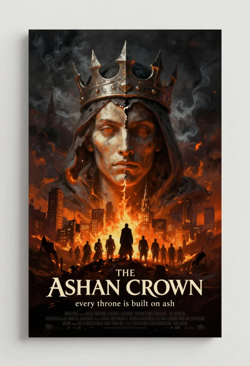 Campaign posters — the campaign "THE ASHEN CROWN" set large in a carved fantasy face, a burning city, a split iron crown and hooded party silhouettes as its imagery, the tagline "every throne is built on ash" under the title, an epic painted film poster, oil-thick brushwork, a dramatic sky and deep atmospheric distance behind the imagery