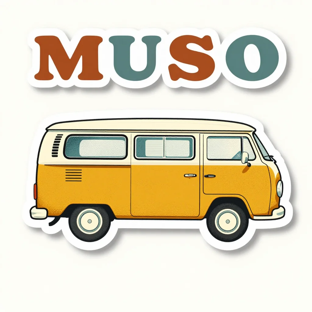 Car stickers — a vintage camper van in profile, retro sticker illustration, 1970s shapes, halftone grain, slight misregistration