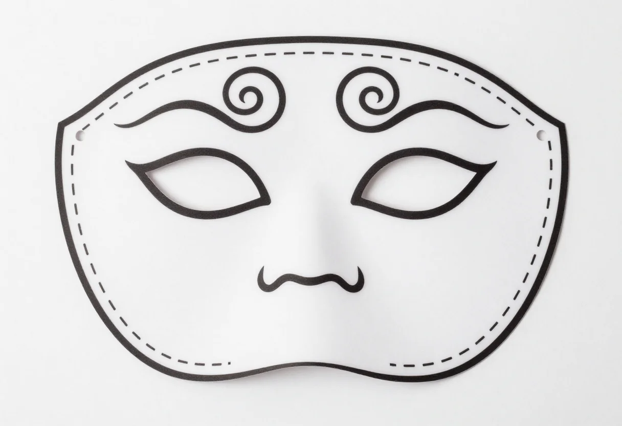Carnival mask templates — a Colombina-shape half mask outline with two almond eye holes, curling swirls across the brow and a small hole punched at each side for elastic, a dashed cut line all round, a single uniform medium black outline with large empty areas left open to colour