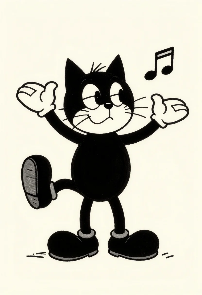 Cartoon characters — a round-bodied cat with pie-cut eyes, white gloves, noodle arms and enormous shoes, caught mid-dance with one leg kicked out and a musical note floating beside its ear, a 1930s rubber-hose cartoon with bouncy tapering linework, inky black fills and a soft film grain over the whole drawing