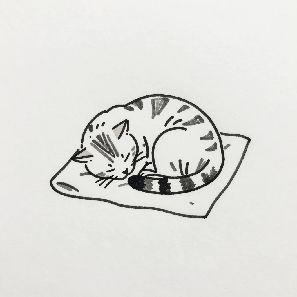 Cats — the tabby cat curled into a tight circle asleep on a folded blanket, tail over its nose, one ear tipped back, a single continuous black line drawing made without lifting the pen, no shading and no fills anywhere