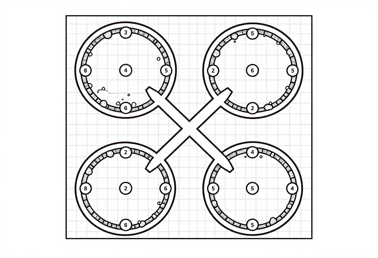 Cave maps — a top-down cave map of four rounded chambers joined by narrow passages on a square grid, with rubble, a pool and numbered room circles, crisp uniform black ink line art, thin square grid, closed wall outlines, no shading