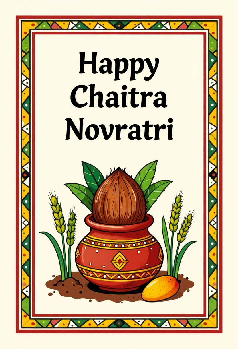 Chaitra Navratri cards — a vertical card lettered "Happy Chaitra Navratri" over a clay kalash with a coconut wrapped in red chunri and mango leaves, green barley shoots sprouting from the earth bed around it, Madhubani folk painting, double-line outlines, patterned fills, no empty space in the figures