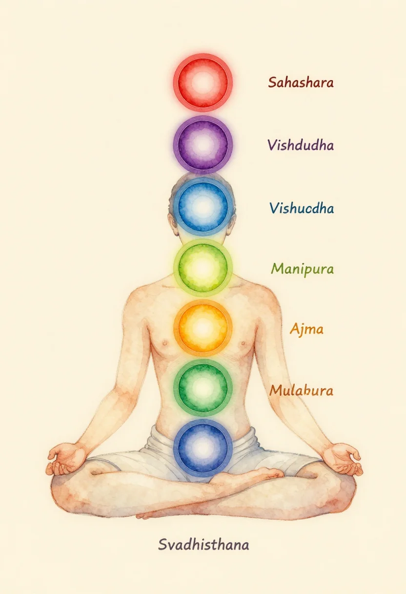 Chakra charts — a calm figure seated cross-legged in meditation seen from the front, two hands resting on the knees and the eyes closed, the seven chakras as glowing circles along the spine from its base to the crown, labelled "Muladhara", "Svadhisthana", "Manipura", "Anahata", "Vishuddha", "Ajna" and "Sahasrara", a soft watercolor illustration with gentle translucent washes and fine ink outlines