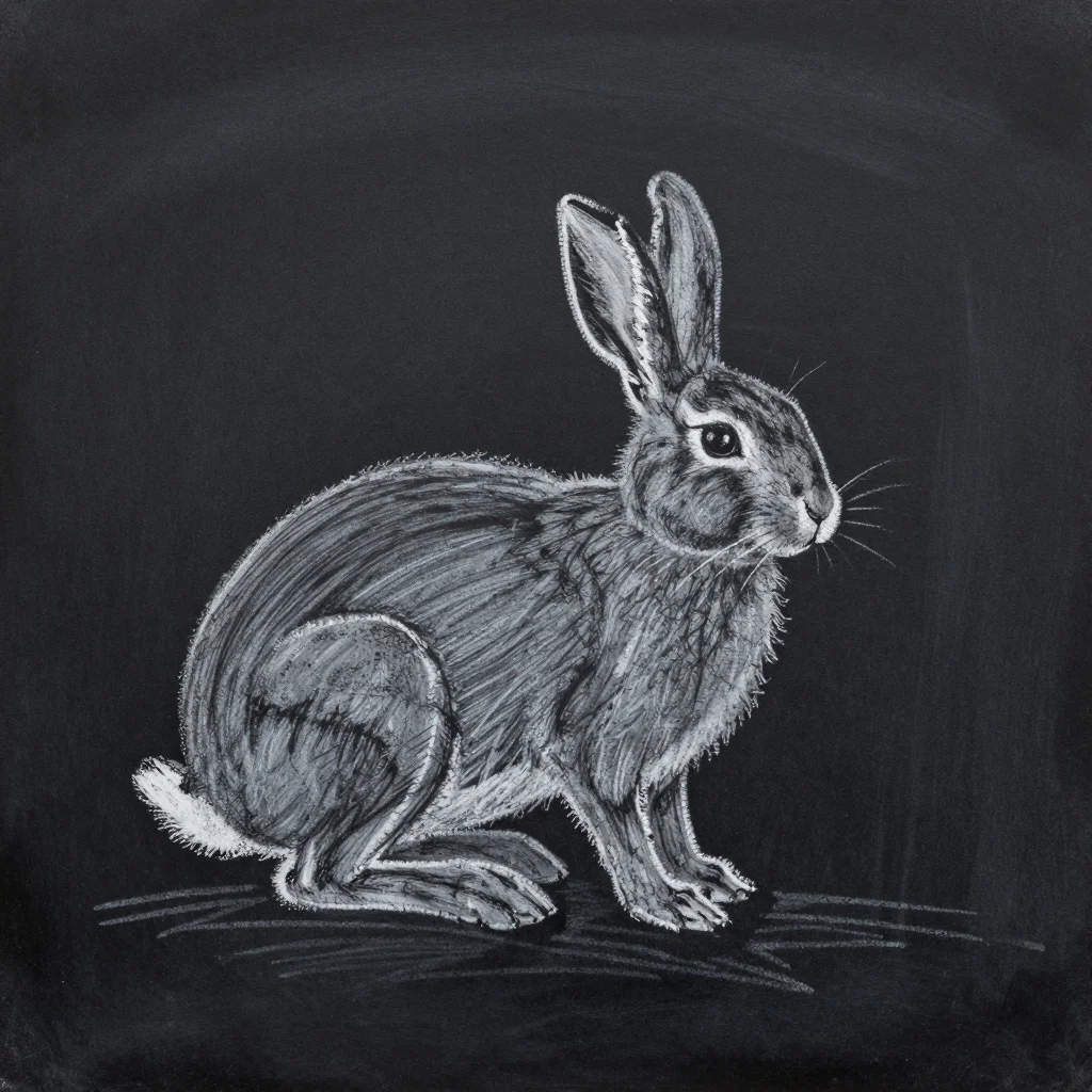 Chalk drawing — A hare drawn in white chalk on a blackboard, the body built from loose hatching and rubbed back with a thumb for the softer fur, the ear edges left as broken chalk lines, a faint smear of an earlier drawing showing through behind it., white chalk on slate, a dry matte surface with no shine, a coarse dusty grain, edges broken and softened by loose dust, broad even near-frontal light, almost all dark with the drawing as the only light