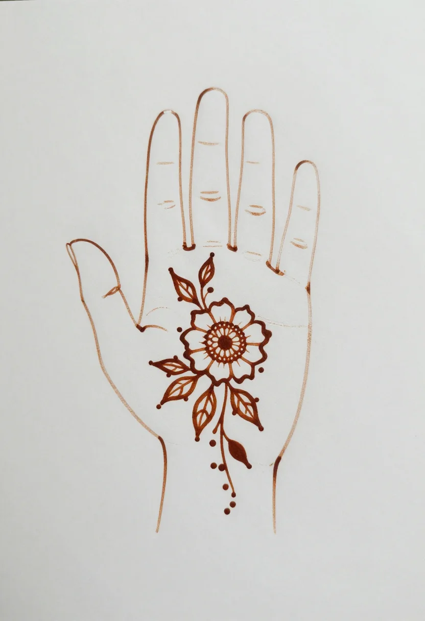 Chand Raat mehndi — a fast back-hand design of one large round flower near the knuckles with three leaves and a line of dots running to the wrist, drawn in one fine continuous cone line, small leaves and dots, the kind finished in five minutes