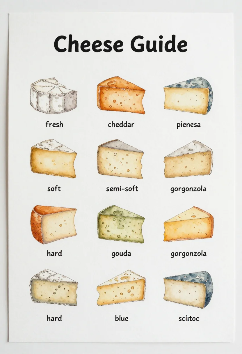 Cheese pairing charts — a chart of cheeses by type in five columns, fresh, soft, semi-soft, hard and blue, a drawn wedge of each cheese with its name, brie, cheddar, gouda, parmesan, gorgonzola among them, a soft watercolour kitchen print with loose washes and fine ink lines