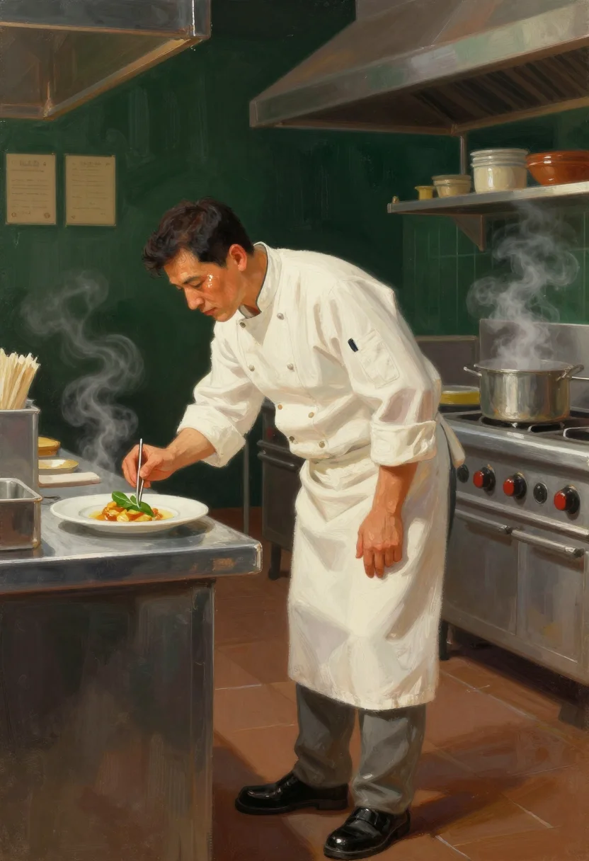 Chefs — a chef in pressed whites bent over a plate at the pass, tweezers setting a single leaf on the dish, a steel counter and a bank of ticket rails and steam behind, a rich painted illustration with visible brushwork, warm impasto highlights and softly blended edges