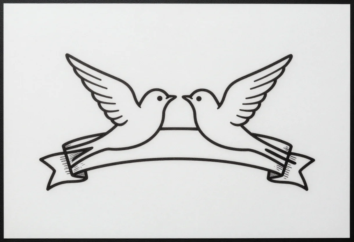 Chest tattoos — two swallows facing each other across a ribbon banner, the banner left empty for a name, the old sailor's chest piece, single-needle fine line work of one even thin weight, the shapes left open and no shading at all