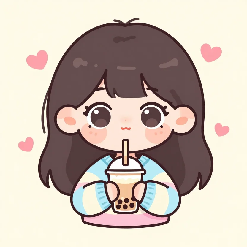 Chibi — a girl with a huge head and a tiny body in an oversized pastel sweater, a bubble tea held in both hands, enormous sparkling eyes and a pink blush across the nose, a few small hearts floating around her, flat anime illustration with clean even linework, soft cel shading in two tones and oversized glossy eyes