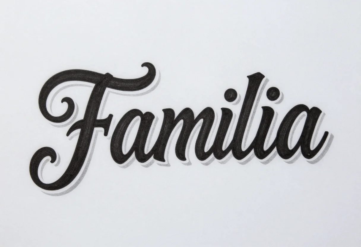 Chicano lettering — the word "Familia" in tall pointed Chicano script, the capital F drawn large with curling flourishes, tall pointed Chicano script in fine single-needle line, hairline flourishes and sharp serifs, no shading