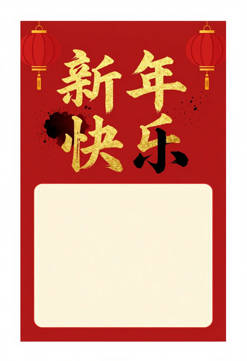 Chinese New Year cards — a red card with "新年快乐" in gold brush calligraphy at the top, a pair of lanterns at the corners and a cream panel left empty below for a message, bold black and gold brush calligraphy with ink splashes and a thin red border