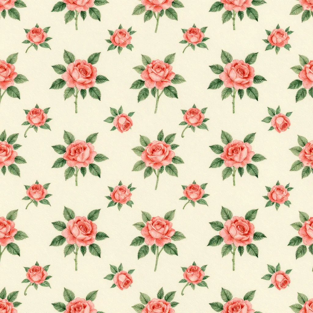 Chintz — Small chintz: roses the width of a fingernail with tight trailing stems, birds reduced to specks, the ground almost covered but the whole thing readable as texture from across a room., glazed chintz repeat, blooms packed until only slivers of ground remain, fine ink outline around every petal, painted shading inside it, the glaze reading as a soft overall sheen