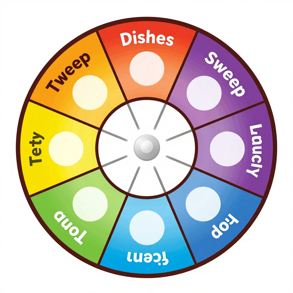 Chore wheels — a round wheel cut into six coloured slices labelled "Dishes", "Sweep", "Laundry", "Trash", "Tidy up" and "Pets", an inner ring of six empty name slots and a pin dot at the centre, bright flat cartoon clip art, bold rounded shapes with a thin dark outline, smooth gradient-free fills