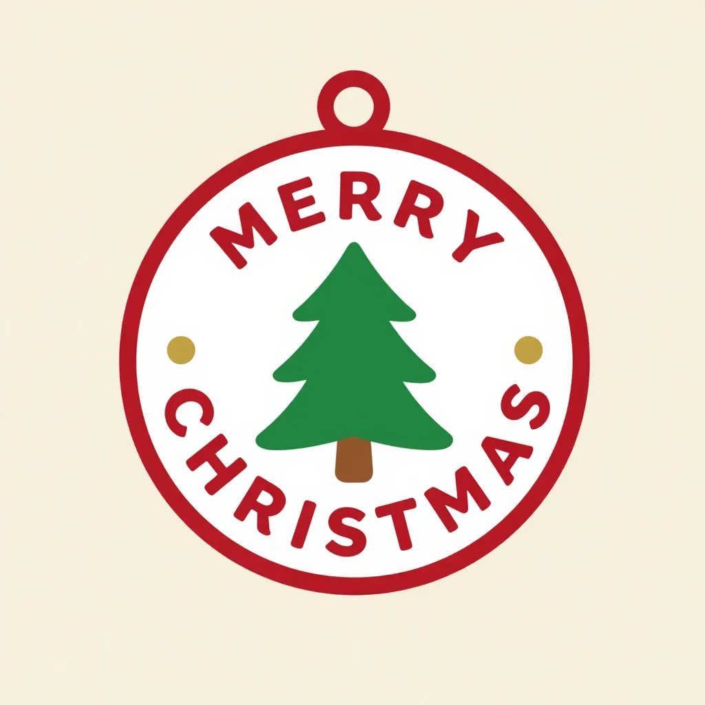 Christmas badges — a round badge lettered "MERRY CHRISTMAS" around the rim with a tree at the centre, scandinavian folk illustration, simplified shapes, no outlines, matte flat colour
