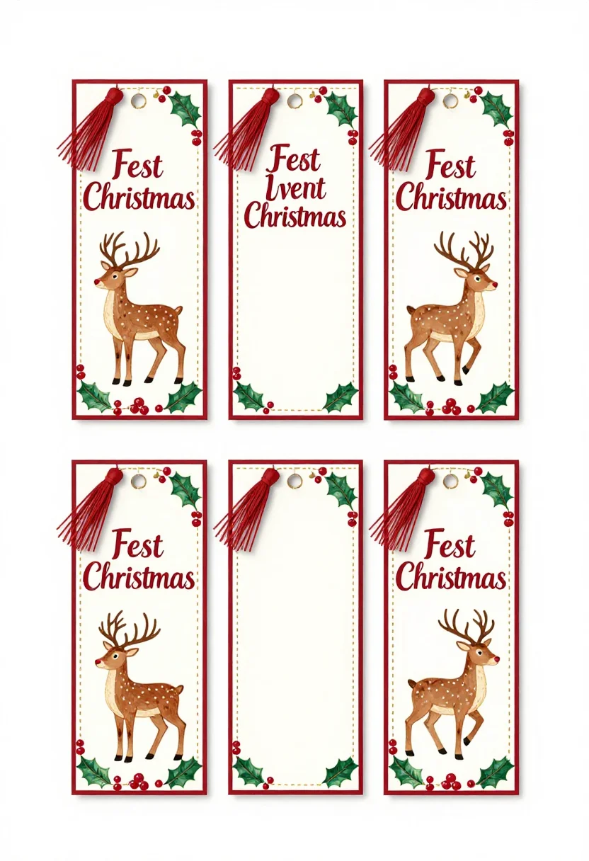 Christmas bookmarks — A sheet of four tall bookmarks each with a reindeer motif, a tassel hole at the top, dashed cut lines, classic christmas printable, holly and berry borders, warm serif lettering, print-ready
