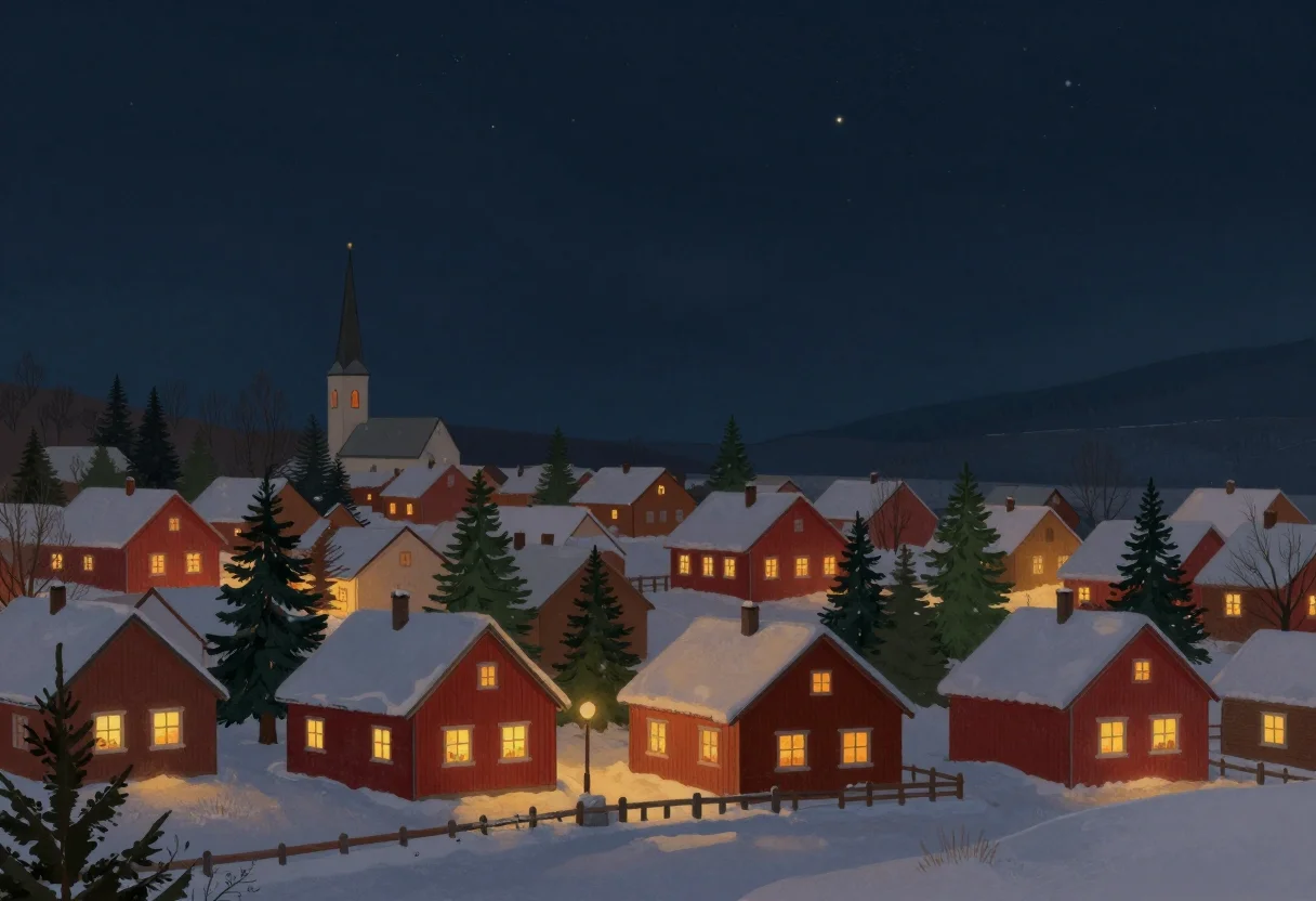 Christmas desktop wallpapers — A wide view of a small village under snow at night, warm windows, a church steeple, a sky full of stars, cozy painted illustration, soft light, warm and quiet
