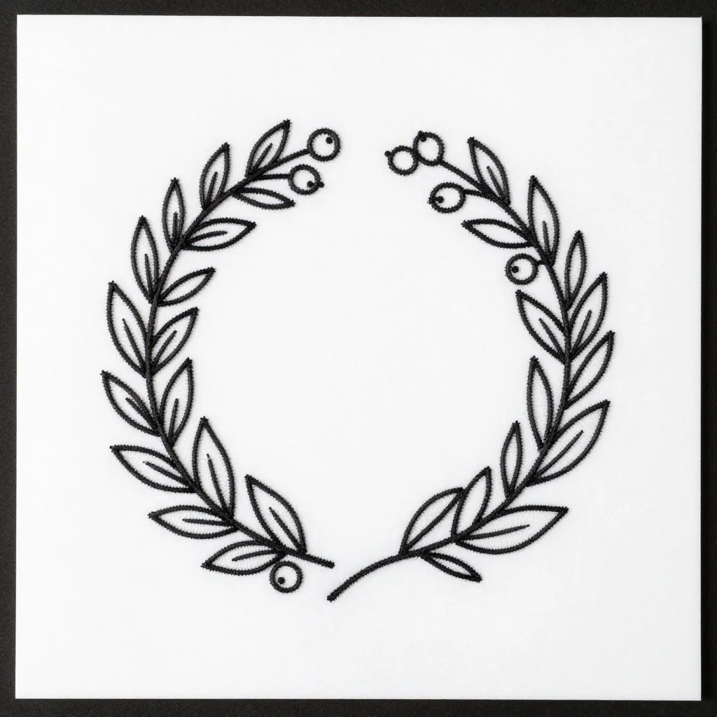 Christmas embroidery patterns — A round wreath of leaves and berries, a bold single-line running-stitch transfer outline, wide uniform stroke