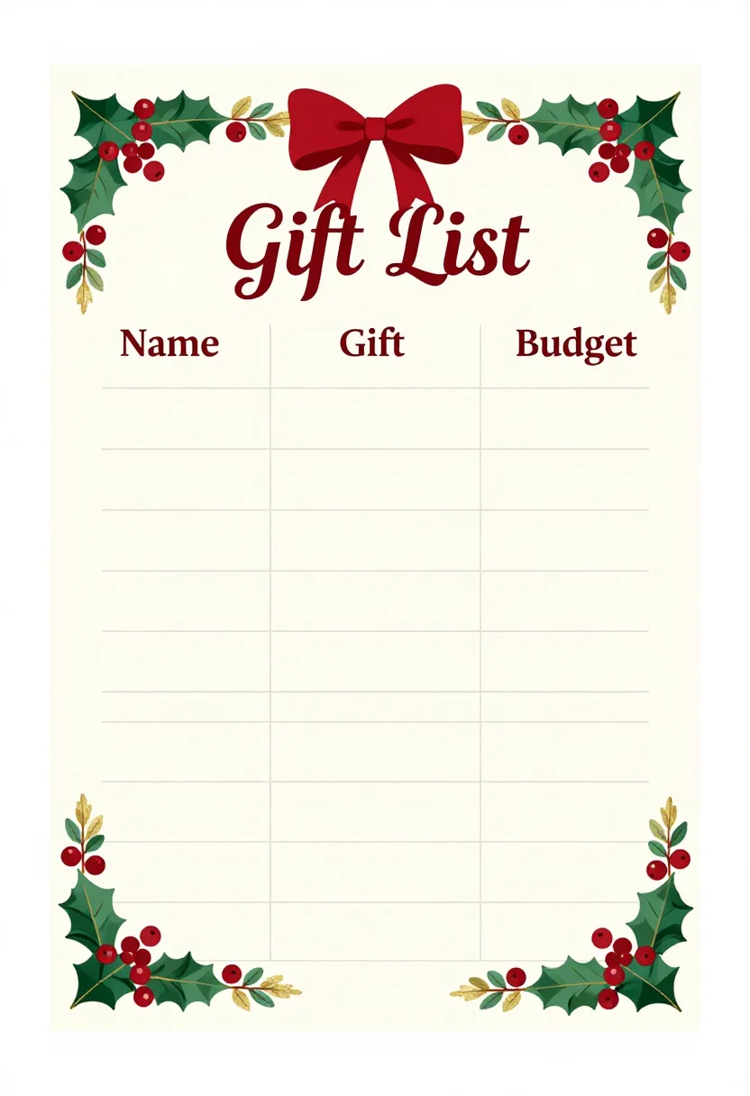Christmas gift lists — A vertical page lettered "Gift List" with columns headed "Name", "Gift", "Budget" and blank rows, a bow motif, classic christmas printable, holly and berry borders, warm serif lettering, print-ready